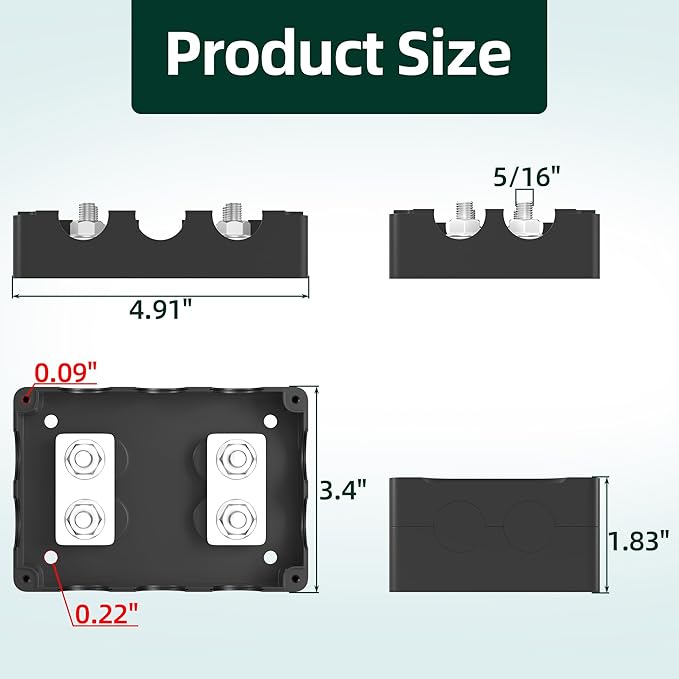 Joinfworld 400A Bus Bar 12V Power Distribution Block with 4 x 5/16"(M8) Stud Dual Battery Bus Bar 48V DC Marine Terminal Distribution Block for Automotive Car Solar - Negative&Positive(2 in 1)