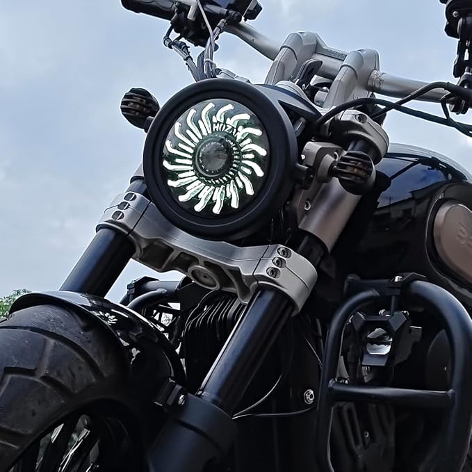 5.75inch 5-3/4 Black Animated Motorcycle Headlight Whirlwind White/Amber DRL Start-up Gradient Welcome Halo Light for Indian Scout Dyna Wide Glide XL1200 XG750 883 48 Night Road