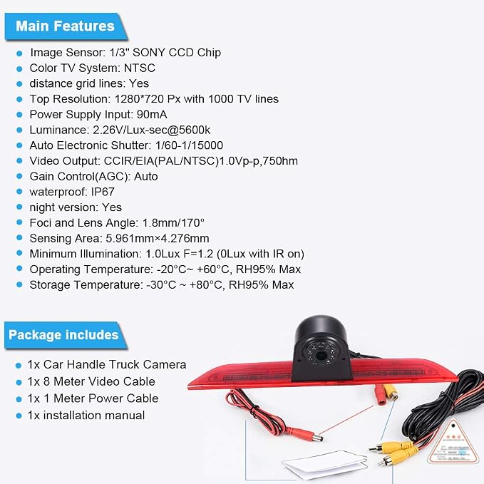 HD IP68 Brake Lamp Rear View Backup Camera Angle and Distance Adjustable Compatible with Ford Transit tourneo Custom Jumbo Kasten V363 F150 F250 F350 V636 MK8/V362 Bus (Reversing Camera)