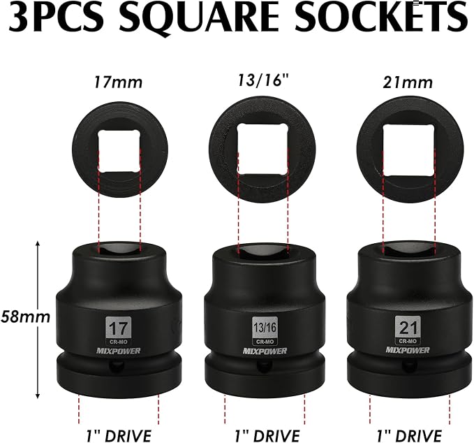 MIXPOWER 8PCS 1"Drive Impact Socket Set - 17mm, 21mm, 13/16" Square, 1-1/2" Budd Wheel, 33mm, 35mm, 38mm, 41mm Deep Impact Sockets for Truck Tire Service