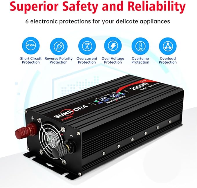 2000 Watt Power Inverter 12V DC to 110V/120V AC Converter 4000W Peak with LCD Display, 3 AC Outlets & 2 USB Ports Power Inverters for Vehicles Car Truck Boat RV Camping Solar System EPS
