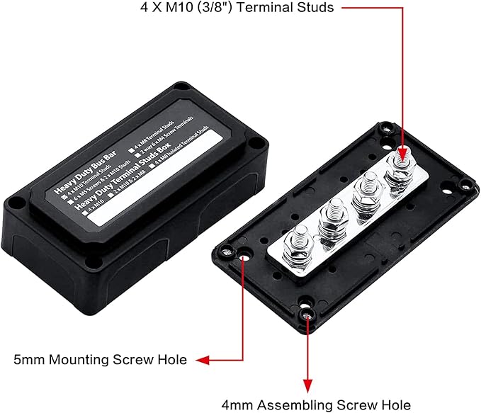 300A Bus Bar 12V DC Waterproof Power Distribution Block with 4 x 3/8" (M10) Terminal Studs Heavy Duty Battery Terminal Block 12v Junction Block for Automotive Marine RV(Positive & Ground)
