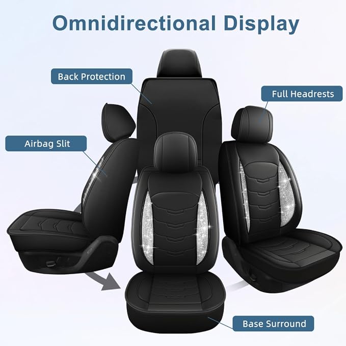 Bling Diamond Car Seat Covers Fit for Ford Escape 2001-2025 2026: Full Set Luxury Leather Seat Cushion Waterproof Automotive Seat Protectors (Black,5 Seats)
