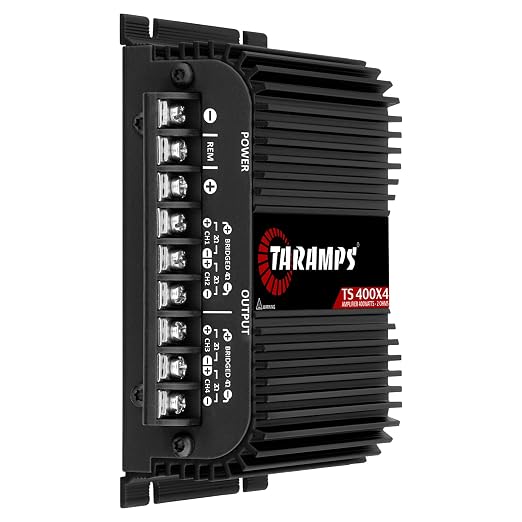 Taramps TS 400x4 2 Ohms Black Multichannel Stereo Amplifier 400 Watts Rms, 4 Channels, Full Range, Car Audio Digital 2 Bridged Channel, Crossover High/Low Pass, with RCA and Automatic High Level Input