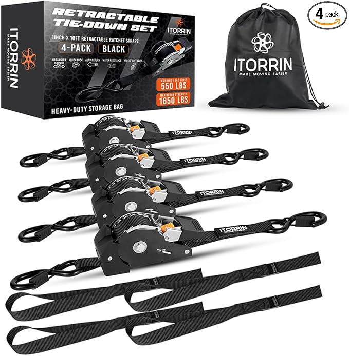 Retractable Ratchet Straps(4 PK)- 1 Inch x 10 Feet (1,650lb Break Strength)-Self Retracting Tie Down Straps for Motorcycle, ATV, Truck, Cargo, Appliance & More -Black + 4 PK Soft Loops