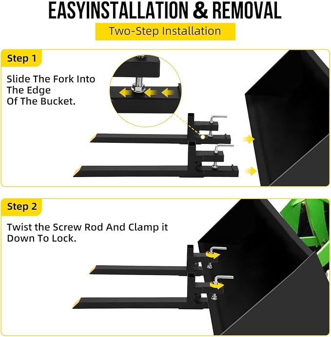 Heavy Duty 60" Clamp-On Pallet Forks for Tractor Loader Bucket – 4000 lbs Capacity – Adjustable Stabilizer Bar – Quick Attach Skid Steer Fork Attachment – Ideal for Farm and Agricultural Equipment