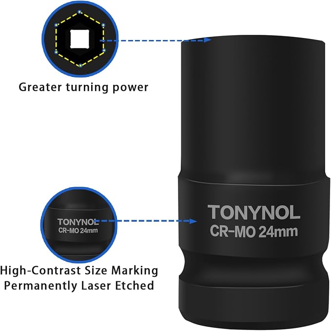 TONYNOL 3/4 Inch Drive Deep Impact Socket Set,6-Point,Metric (24mm to 41mm),12 Pcs,Cr-Mo,Heavy Duty Impact Socket Set,With a Storage Case