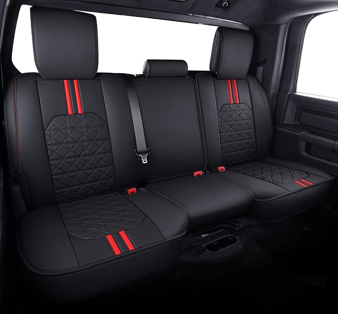 YIERTAI for Dodge RAM Seat Covers fit 2009-2025 2026 1500HD 2010-2023 2024 2025 2026 2500/3500HD Crew Double Quad Rebel Cab Laramie Big Long Horn Rebel Tradesman Leather(5 PCS Full Set/Black-Red)