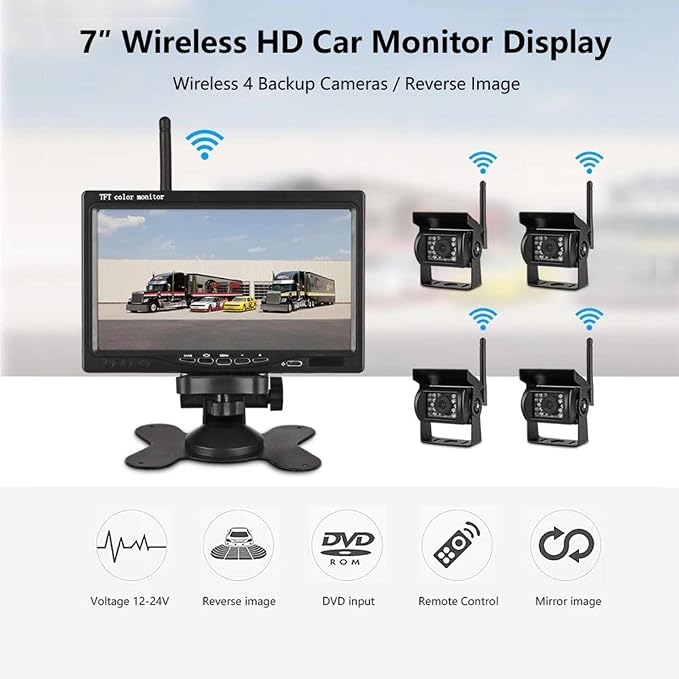 EVERSECU 4pcs Wireless Vehicle Backup Cameras Plus 7" Monitor Parking Assistance System for RV/SUV/Van/Pickup/Truck/Trailer Rear/Side/Front View System Switchable