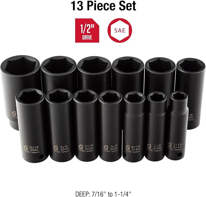 Sunex 2651 1/2-Inch Drive Standard SAE Impact Socket Set, 13 Piece