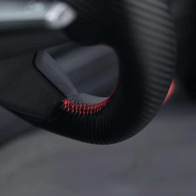 MEWANT Hand Stitch Steering Wheel Cover for Tesla Model 3 2017-2023 Model Y 2020-2023 Black Faux Leather PU Carbon Fiber Custom Fit DIY Wrap Interior Accessories
