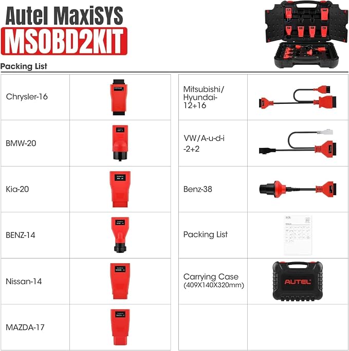 Autel MaxiSys MSOBD2KIT Non-OBDII Adapter Kit, 9PCS OBD Diagnostics Connectors w/Rugged Blow-Molded Carrying Case, Support All Autel Scanners MSUltra MS919 MS909 Elite II MS906 Pro MK808S MX900 MK900