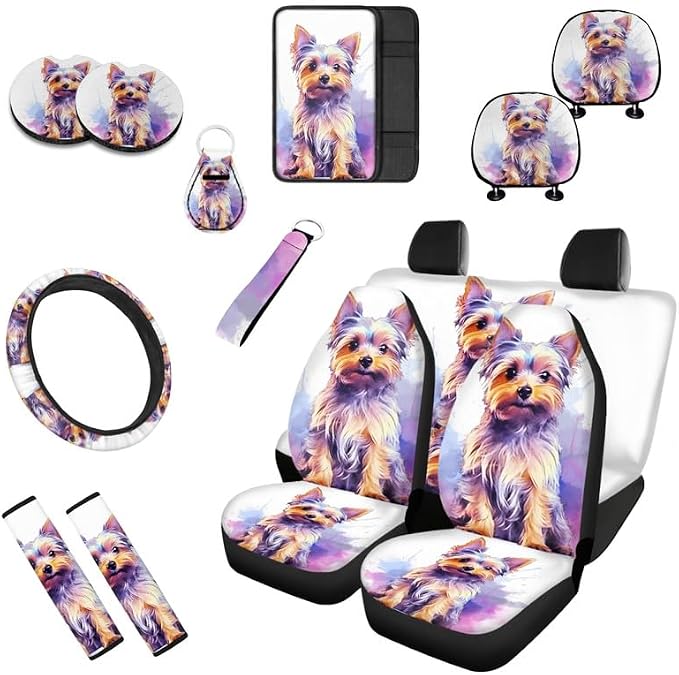 Cartoon Yorkshire Print 13 Pack Car Accessories for Women Cute Watercolor Puppy Dog Seatbelt Pad Armrest Cushion Keychain Cup Holder Coaster Pads Decor Accessory, White