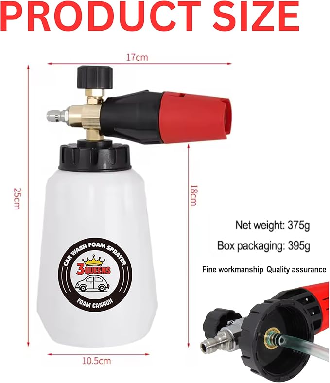 High Pressure Foam Cannon for Pressure Washer, 1L Heavy-Duty Car Wash Sprayer with Brass Connector, Fits Most Pressure Washers, Includes Microfiber Gloves