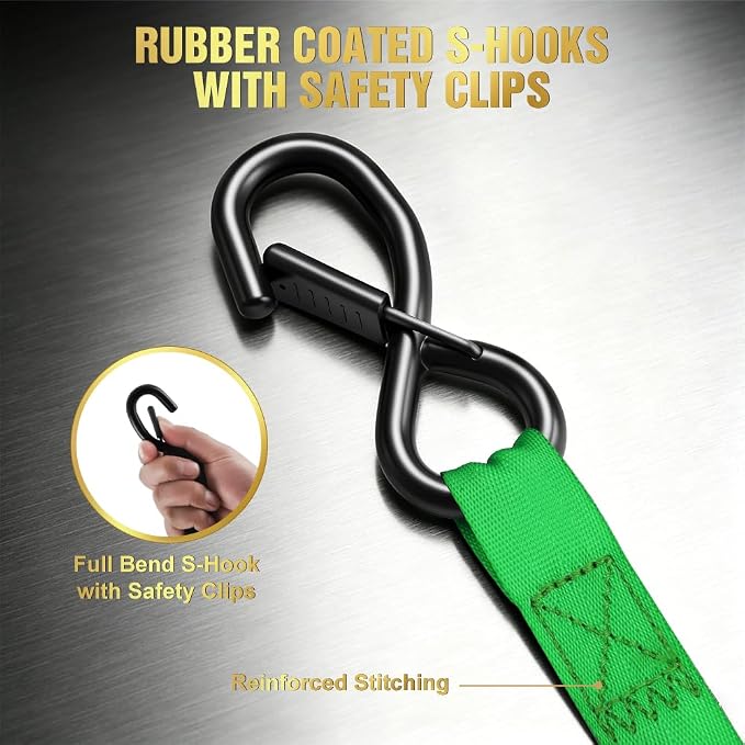 Retractable Ratchet Straps (4-Pack) - 1 Inch x 10 Feet (1,764lb Break Strength) - Auto Self Retracting Tie Down Straps Heavy Duty for Motorcycle, ATV, UTV, Truck, Cargo Trailer – Green