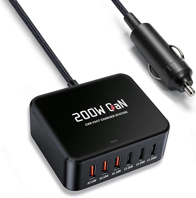200W 6-Ports Fast USB C Car Charger，PD Type C Laptop Car Charger Power Adapter for MacBook pro/Air,Dell XPS 15/17,Lenovo/HP Laptop,QC3.0/PPS Car Charger for iPhone 17/16/15, Galaxy S26 Ultra/S25,ect
