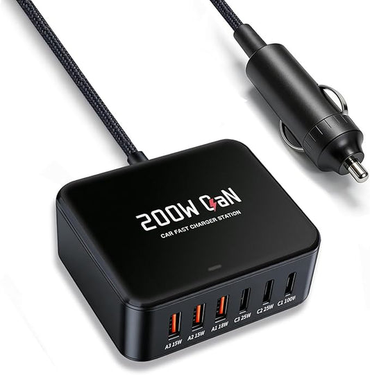 200W 6-Ports Fast USB C Car Charger，PD Type C Laptop Car Charger Power Adapter for MacBook pro/Air,Dell XPS 15/17,Lenovo/HP Laptop,QC3.0/PPS Car Charger for iPhone 17/16/15, Galaxy S26 Ultra/S25,ect