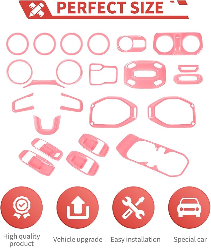 23pcs Full Set Interior Trim Kit for Jeep Wrangler JL JLU Gladiator JT 2018-2023 Steering Wheel Door Handle Air Conditioning Vent Cup Holder Reading Light Headlight Gear Cover, Pink