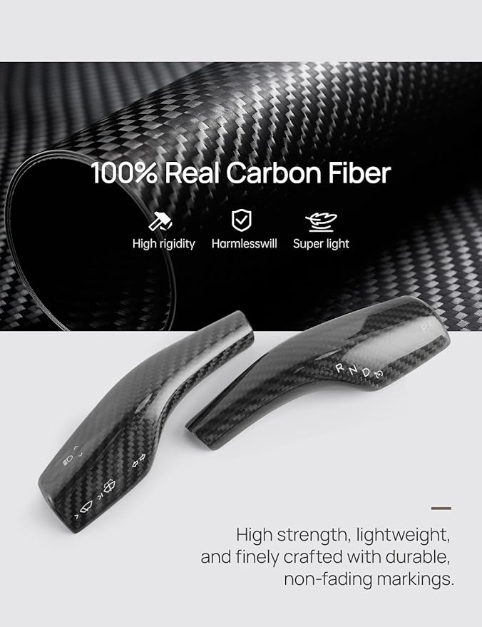 TPARTS Steering Lever Cover for Tesla Model 3 (2018-2023) Model Y (2020-2024),Real Carbon Fiber Stalk Gear Column Shift Cover Tesla Steering Wheel Accessories 2 PCS (Glossy Black)