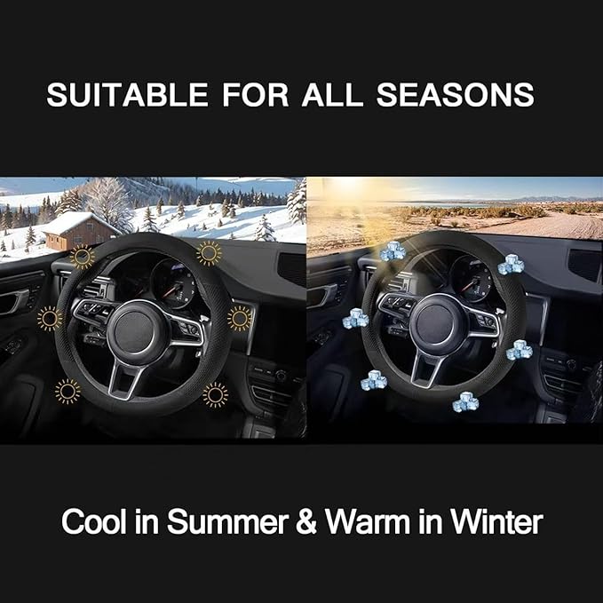 Suede Steering Wheel Cover with Upgraded Silicone Inner Ring, Breathable, Anti-Slip, Leather Universal 14.5 to 15 Inch Steering Wheel Cover (Black with Embossing Pattern)