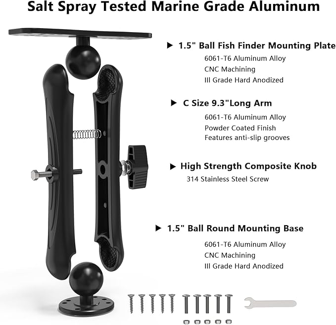 Aobelieve Aluminum Fish Finder Mount for Lowrance, Garmin and Humminbird, C-Size 1.5 Inch Ball, 9.3 Inch Arm, Heavy Duty Adjustable Marine Electronics Mount for Boat & Kayak, Black