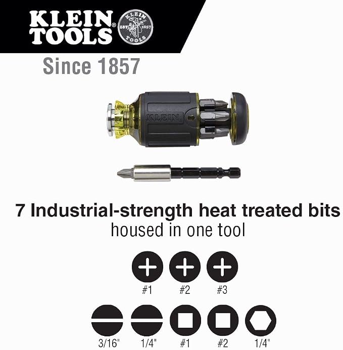 Klein Tools J207-8CR Needle Nose Pliers are All-Purpose Linesman Pliers for Crimping & 32308 Multi-bit Stubby Screwdriver, Impact Rated 8-in-1 Adjustable Magnetic Tool with Phillips