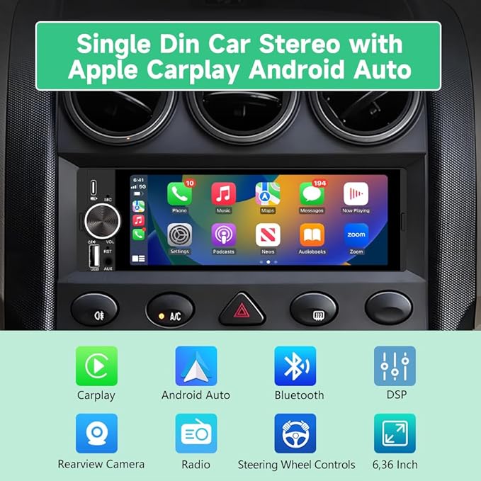 6.36 inch Single Din Car Stereo with CarPlay&Android Auto HD IPS Touchscreen Radio with Bluetooth 5.0, 720P BackupCamera with 6M Cable, Support USB Type-C Charging/USB/Microphone/FM/EQ/GPS/SWC