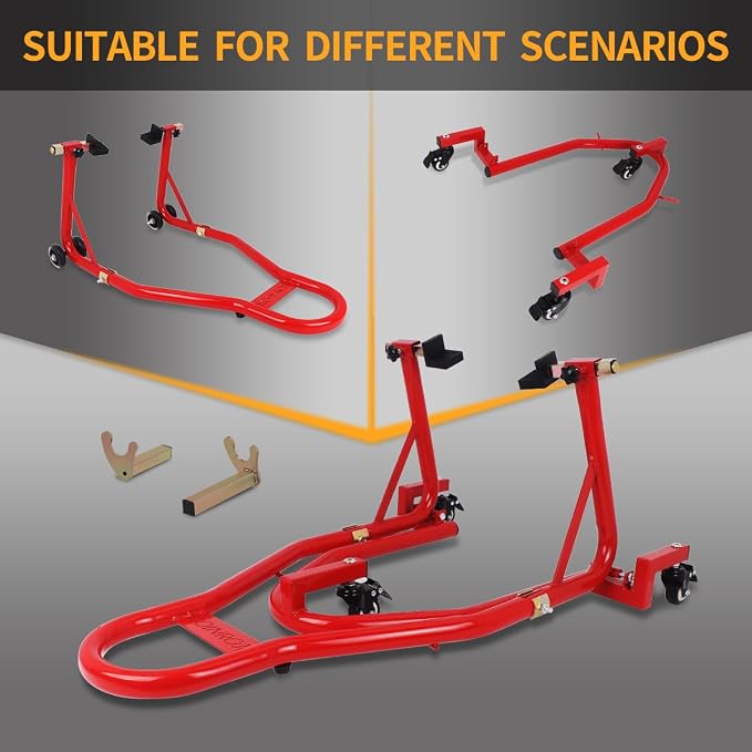 Universal 360°Motorcycle Stand Paddock Rear Lift Combo Bike Wheel Fork Stands Motorcycles Swingarm Spool Stand Adjustable Dismantable Compatible Most for Yamaha Honda Kawasaki Suzuki Red