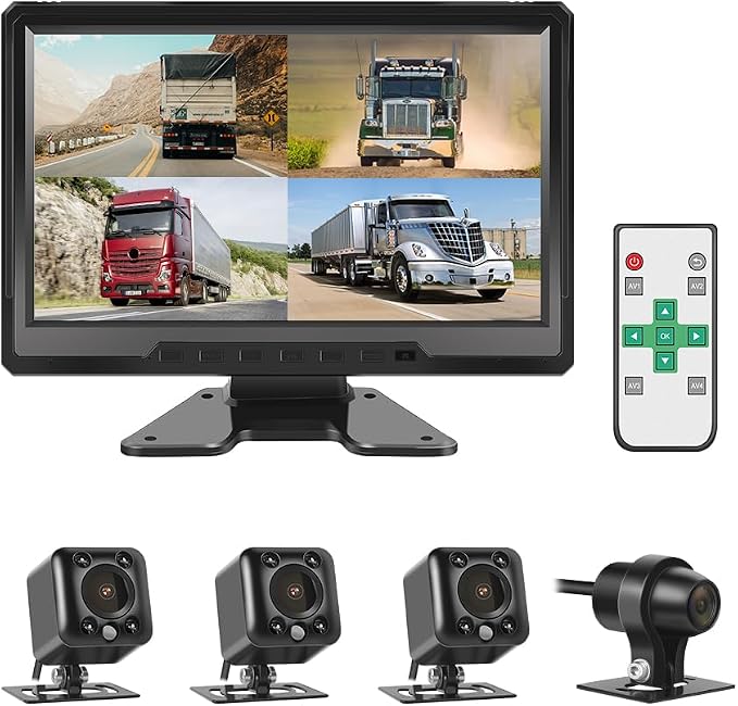 VSYSTO 4CH Truck Dash Camera, 10.1'' Monitor 1/2/3/4 Split Screen 720P Backup Camera System with Front & Sides & Rear Cameras Infrared Night Vision Lens for Semi Trailer Van Tractor RV (X10)