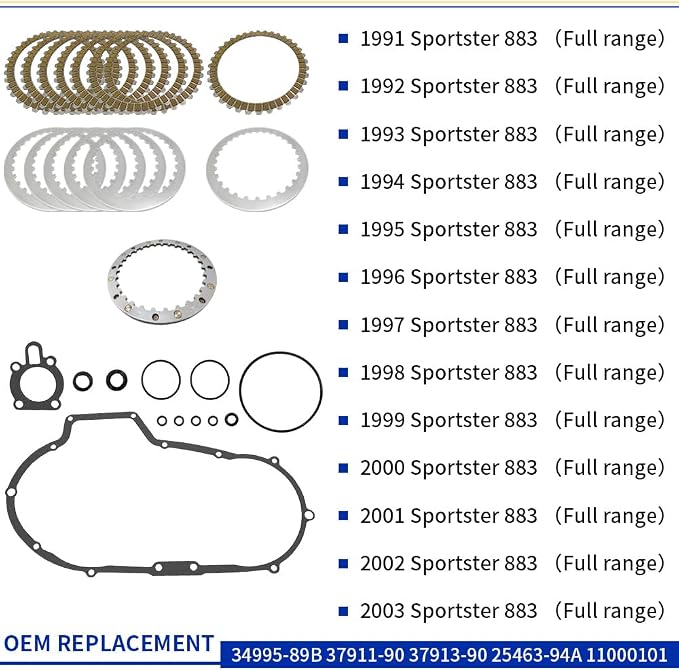 Clutch Friction Plates & Clutch spring plate & Primary Cover Gasket Kit Compatible with Sportster 883 1200 OEM# 34995-89B 37911-90 37913-90 37977-90