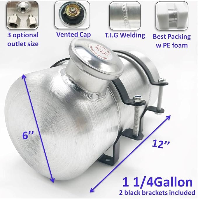 JSD 1.25 Gallons 6" x 12" Aluminum Spun Round Gas Tank /Fuel Tank End Fill 1/4" NPT Outlet for go kart ,dune buggy