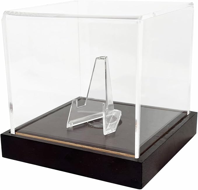 Belt Buckle Display Case - 4"x4"x3.5" Clear Acrylic Box with Solid Wood Base & Stand - UV Protected, Dust-Resistant - for Coins, Watches, Medals, Cards