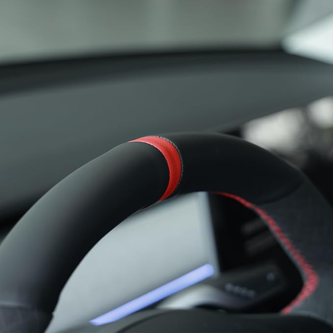 MEWANT Hand Stitch Steering Wheel Cover for Tesla Model Y 2023 Model 3 2023 Made of Black Faux Leather Embossed Athsuede