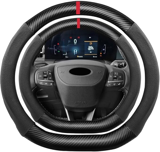 D Shape Suede Carbon Fiber Steering Wheel Cover, Compatible with Ford Edge Escape Fusion Explorer Focus 15 inch Flat Bottom Soft Suede Leather Sport Non-Slip Interior Accessories