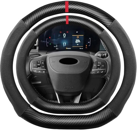 D Shape Suede Carbon Fiber Steering Wheel Cover, Compatible with Ford Edge Escape Fusion Explorer Focus 15 inch Flat Bottom Soft Suede Leather Sport Non-Slip Interior Accessories