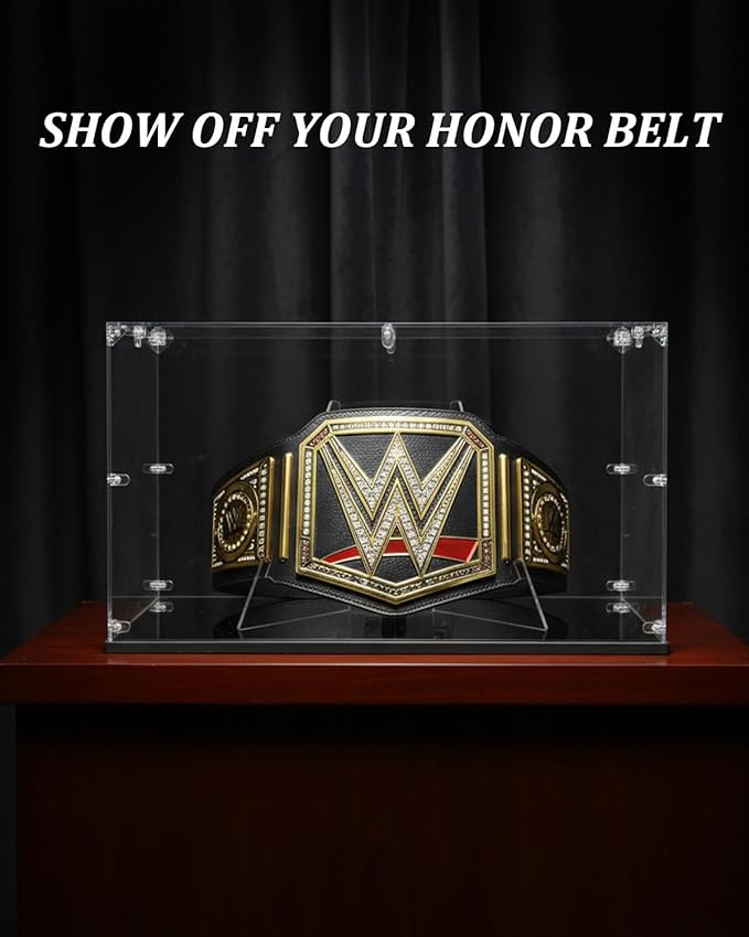 Acrylic Championship Belt Display Case – 3mm Clear Acrylic with Built-in Wrestling Belt Stand, Large 21.8" x 15.9" x 13.2" Showcase Box, Durable Corner-Connector Design – Fits Most Championship Belts