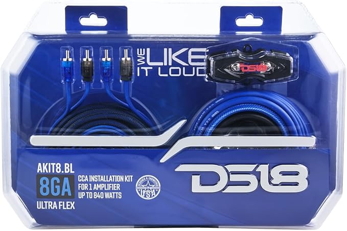 DS18 AKIT8.BL 8-GA Amplifier Installation Wiring Kit - Up to 840W Max, ANL Fuse Holder with 60A, Speaker & RCA Cables, CCA Amplifier Wiring Kit, Ultra Flex Wire, Amp Wire Kit 8 Gauge - Blue