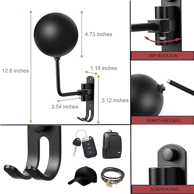 SANGMO 180° Motorcycle Helmet Rack, Rotation Metal Helmet Holder Wall Mounted Helmet Rack Motorcycle with 2 Hooks Helmet Hanger for Motorcycle Bike Coats, Caps, Baseballs and Rugby Helmet (2 Pack)