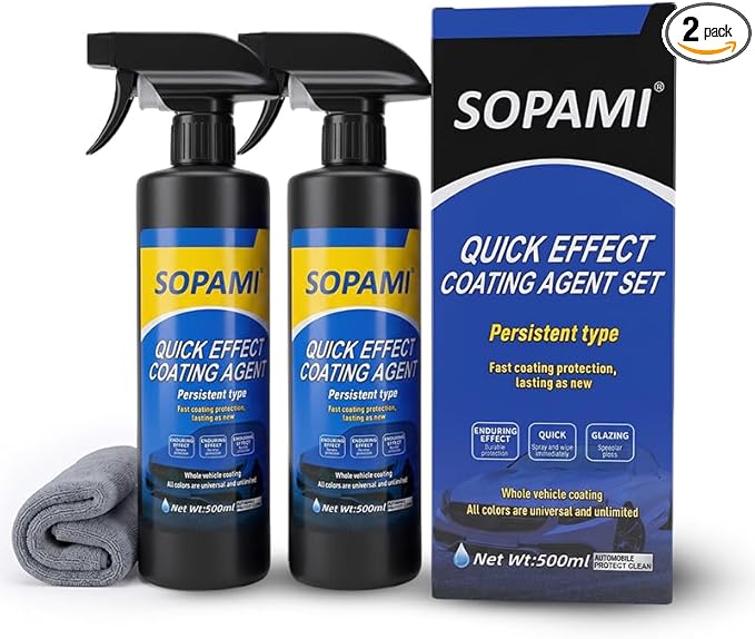 Sopami Car Coating Spray, Quick Effect Coating Agent, Car Scratch Wax Polish Spray Waterless Wash, Quickly Coat Car Wax, Oil Film Emulsion Glass Cleaner with towel for All Car (2 pcs)