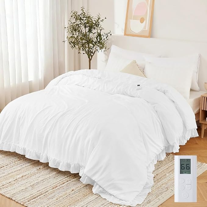 Heated Comforter Blanket with Ruffle, Wireless LCD Controller Electric Quilt - Fast Heating, Overheat Protection, ETL Certified, Machine Washable