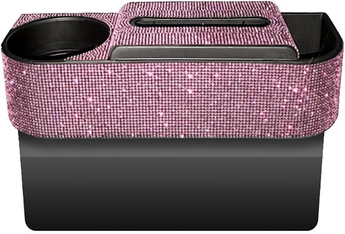 Auto Gap Filler Multifunctional Car Seat Organizer, Multi-Function Tissue Storage Box w/Cup Holder, Auto Console Side Storage Box, Pink Rhinestone - Pink