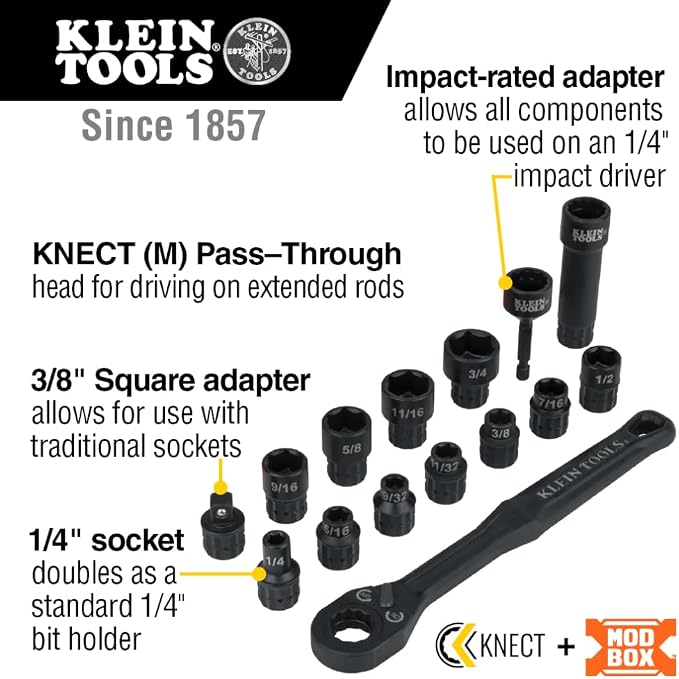 Klein Tools 65400 15-Piece Impact Socket Set with 33801 40-Piece Impact Driver Bit Set, Sockets, Bits, Accessories and Case