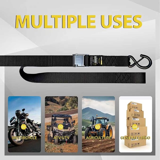 Motorcycle Tie Down Straps - 3,000lb Break Strength, 1.5 in X 8FT Heavy-Duty Cambuckle Tie Down Set with S Hook and Soft Loops - Better Than a Ratchet Strap Black