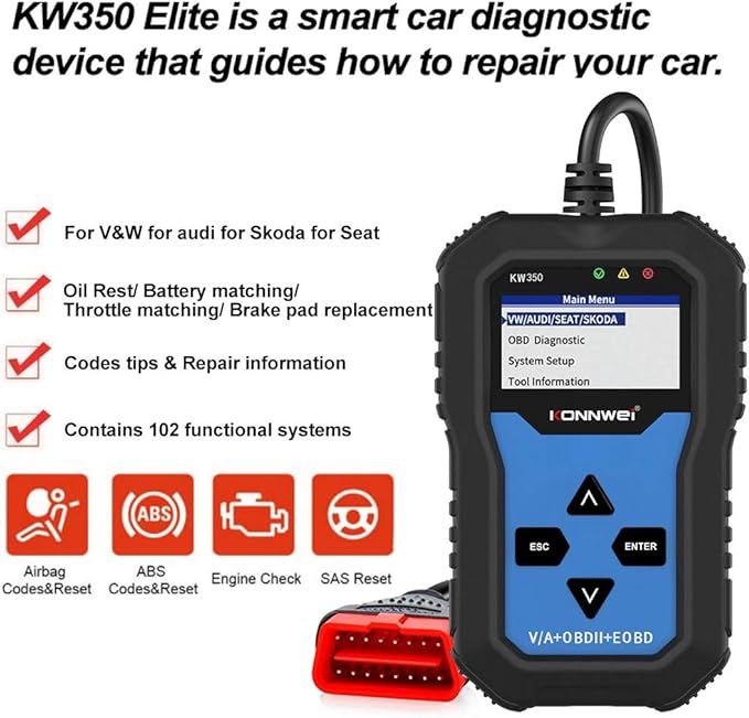 Xiangtat KW350 Full System OBD2 Diagnostic Scanner for VW Audi Skoda Seat Code Reader Automotive Check Engine Light EPB ABS SRS OBDII Scan Tool Oil Throttle Position Brake Reset Tool (KW350)
