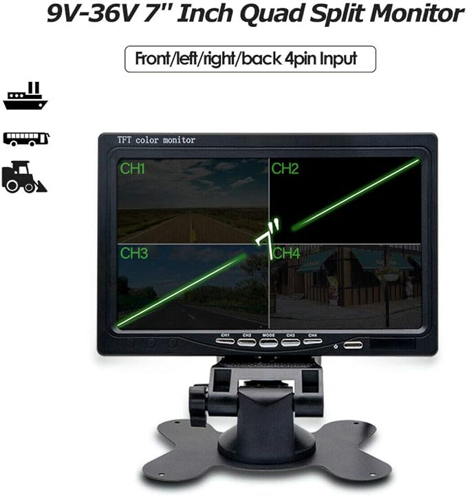 Vehicle On-Dash Backup Monitor, 7" LCD 4CH Color Car Rearview Monitor Screen fits Reverse Backup Parking
