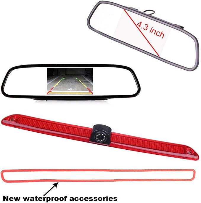 1280 * 720Pixel Third Roof Brake Lamp Car Backup Camera Fit for Mercedes Benz W906 W907 W910 316 CDI Sprinter Viano Vito Transit Ducato VW Crafter T5 Master Parking Waterproof+4.3" Reverse Mirror