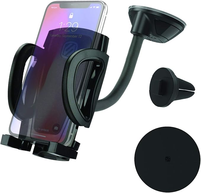 Scosche IHW10-SP1 4-in-1 Car Phone Holder Windshield, Dashboard, Vent, Cup Mount with Suction Cup | Dash, Vent or Windshield Mount | Stick Grip Suction Cup Base | Non-Magnetic | Black