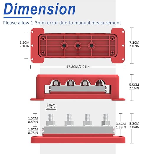 600A Bus Bar 12V Power Distribution Block with 3/8" (M10) 4-Posts Heavy Duty Terminals Block with Cover for Automotive, Marine, Battery System (Red)