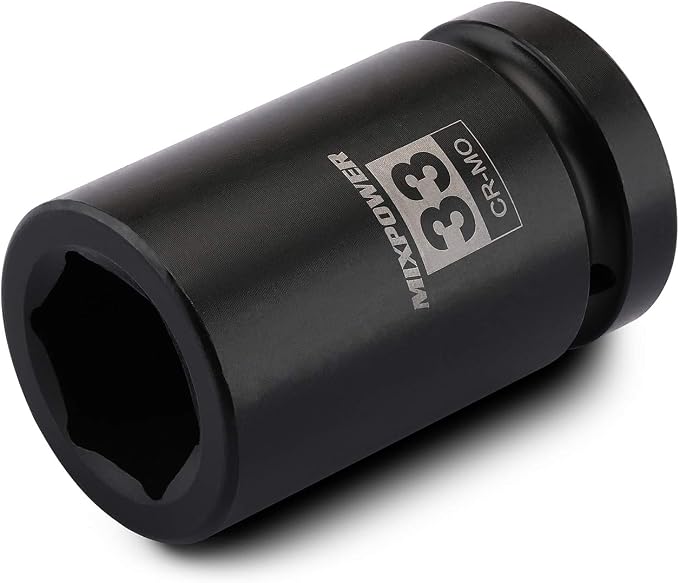 MIXPOWER 1 Inch Drive Deep Impact Socket, CR-MO, 33mm, 6 Point, Radius Corner Design, Chamfered Opening, Axle Nut Impact Grade Socket for Easy Removal