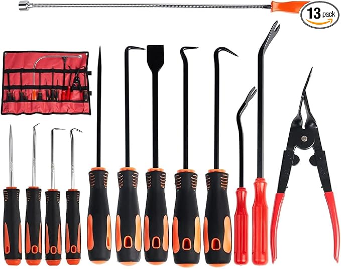 Hook and Pick Set with Case 13 Pcs - Clip Pliers & Fastener Remover, Gasket Scraper Tool, Magnetic Pick Up Tool, for Hose Removal Puller and Auto Upholstery Combo Repair Kit